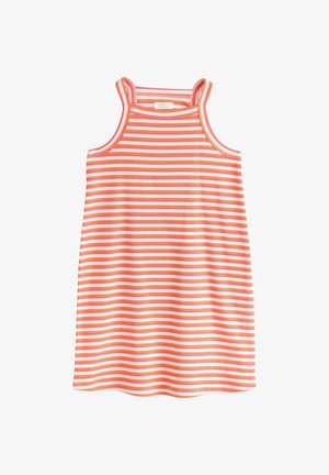 Dječja haljina bez rukava s ružičasto-narančastim horizontalnim prugama, kvadratnim izrezom i dvostrukim naramenicama.