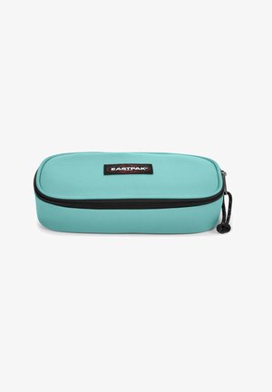 Turquoise zippered pencil case with a rectangular shape, made of durable fabric, featuring contrasting black zipper and branding label.