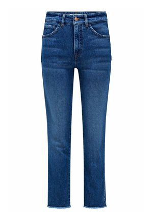 Jeans azul de cintura alta en denim con pernera recta, con cinco bolsillos, cierre de botón y terminación sin rematar en los tobillos.