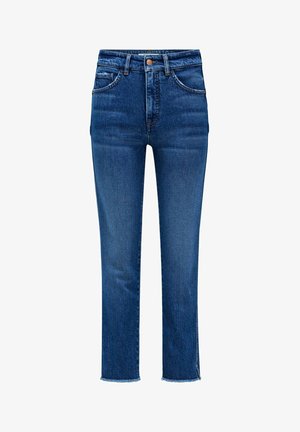 Jeans azul de cintura alta en denim con pernera recta, con cinco bolsillos, cierre de botón y terminación sin rematar en los tobillos.