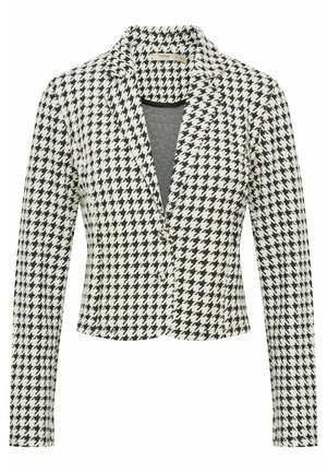 Černobílý sako s houndstooth vzorem, dlouhými rukávy, klopami a předním zapínáním na knoflík. Texturovaná tkanina se strukturovaným designem.