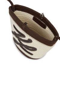 Kangaskassi, joka on kudottu oljista, vaaleanvihreä ulkopinta, ruskeat kangasreunat ja kohopainettu ruskea logo. Varustettu vetoketj closure.