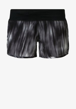 Shorts de sport féminins noirs et gris avec une large ceinture noire et un motif de rayures verticales floues.