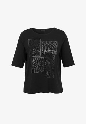 Zwarte T-shirt met korte mouwen en een ronde halslijn, versierd met tekstpatronen omlijnd met strasssteentjes aan de voorkant in verschillende lettertypen.