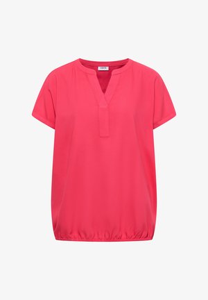 Felroze korte mouwen blouse met V-halsinkeping, losse pasvorm en elastische zoom, met het label "CECIL" aan de binnenkant van de kraag.