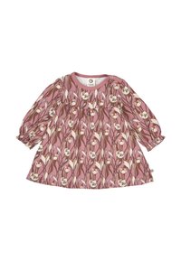 Langærmet pink kjole med et blomstermønster i hvid og brun. Rund halsudskæring med knaplukning, samlet talje og elastiske manchetter.