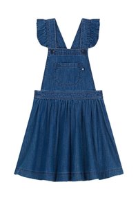 Robe en denim avec bretelles à volants, poche avant et jupe froncée. Tissu bleu foncé avec des détails de surpiqûres.