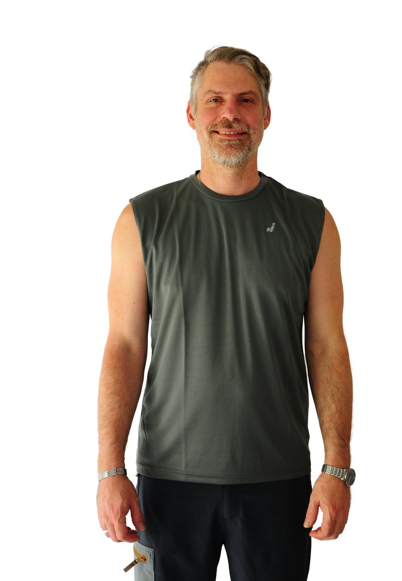 Sleeveless, dark grey athletic shirt made of smooth, moisture-wicking fabric; features a subtle logo on the chest.
