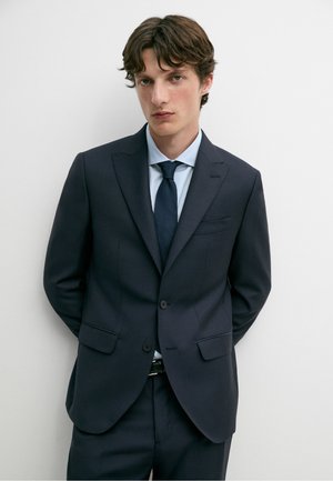 Jonge man met kort krullend haar, gekleed in een donker marineblauw pak, een gestreept lichtblauw overhemd en een marineblauwe stropdas tegen een effen lichte achtergrond.
