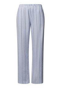 Lichtblauwe gestreepte loungebroeken met een elastische tailleband, met verticale strepen in een donkerder blauw. Zachte stof met een relaxte pasvorm.