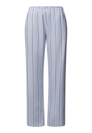 Helle blau gestreifte Lounge-Hosen mit elastischem Bund, die vertikale Streifen in dunklerem Blau aufweisen. Weicher Stoff mit lockerer Passform.