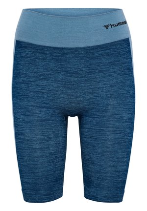 Hybrid blå atletikshorts lavet af tekstureret stof. Tæt siddende design med bred linning, der har en lysere blå accent øverst.