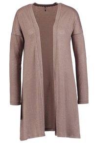 Dlouhý kardigan s otevřeným předním dílem v světlé hnědé barvě. Vyrobený z měkké, lehké látky s dlouhými rukávy a volným střihem. Bez zapínání a vzorů.