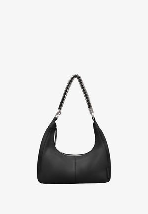 Black leather handbag with a curved silhouette, chain-accented strap, and a zippered top closure. Smooth texture with minimal detailing.
