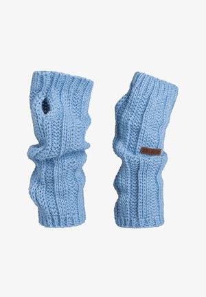 Lichtblauwe gebreide vingervrije handschoenen met een getextureerd kabelpatroon, geribde manchetten en een klein bruin stoffen logo-label.