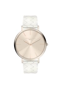 Ronde horloge met een gepolijste roségouden metalen kast, beige wijzerplaat en minimalistische uurmarkers. Voorzien van een gestructureerde witte geweven leren band.