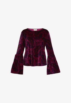 Long-sleeve, bell-sleeve blouse made of soft navy and deep magenta paisley-patterned velvet fabric with a round neckline.