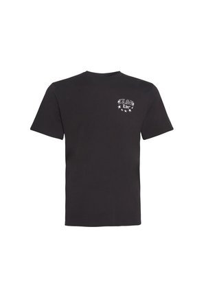 Zwart katoenen T-shirt met korte mouwen, een ronde hals en een wit printontwerp met tekst en sterren op het linkerborstgebied.