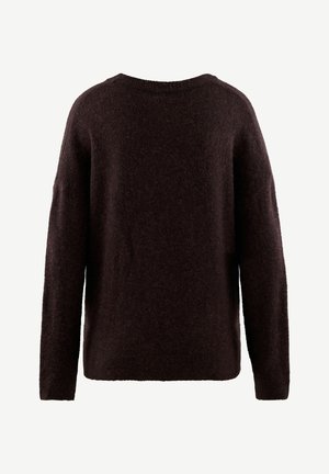 Dark brown sweater made of soft, textured fabric. Round neckline, long sleeves, and a relaxed fit. Simple design with no visible patterns.