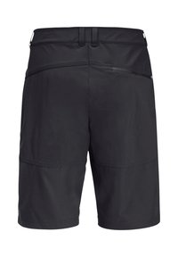 Pantaloni shorts neri realizzati in tessuto leggero, con una texture liscia e un design minimalista, caratterizzati da cuciture visibili e una tasca posteriore con zip.