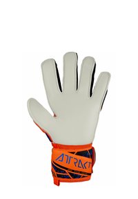 Guanto con palmo in lattice bianco, fascia arancione al polso e foderatura nera. Presenta accenti geometrici blu e una vestibilità aderente per il calcio di porta.