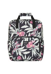 Rucksack mit Floral-Muster auf dunklem Hintergrund, der pinke und grüne Blumen zeigt, mit zwei oberen Griffen und einer vorderen Reißverschlusstasche.