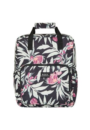 Rucksack mit Floral-Muster auf dunklem Hintergrund, der pinke und grüne Blumen zeigt, mit zwei oberen Griffen und einer vorderen Reißverschlusstasche.