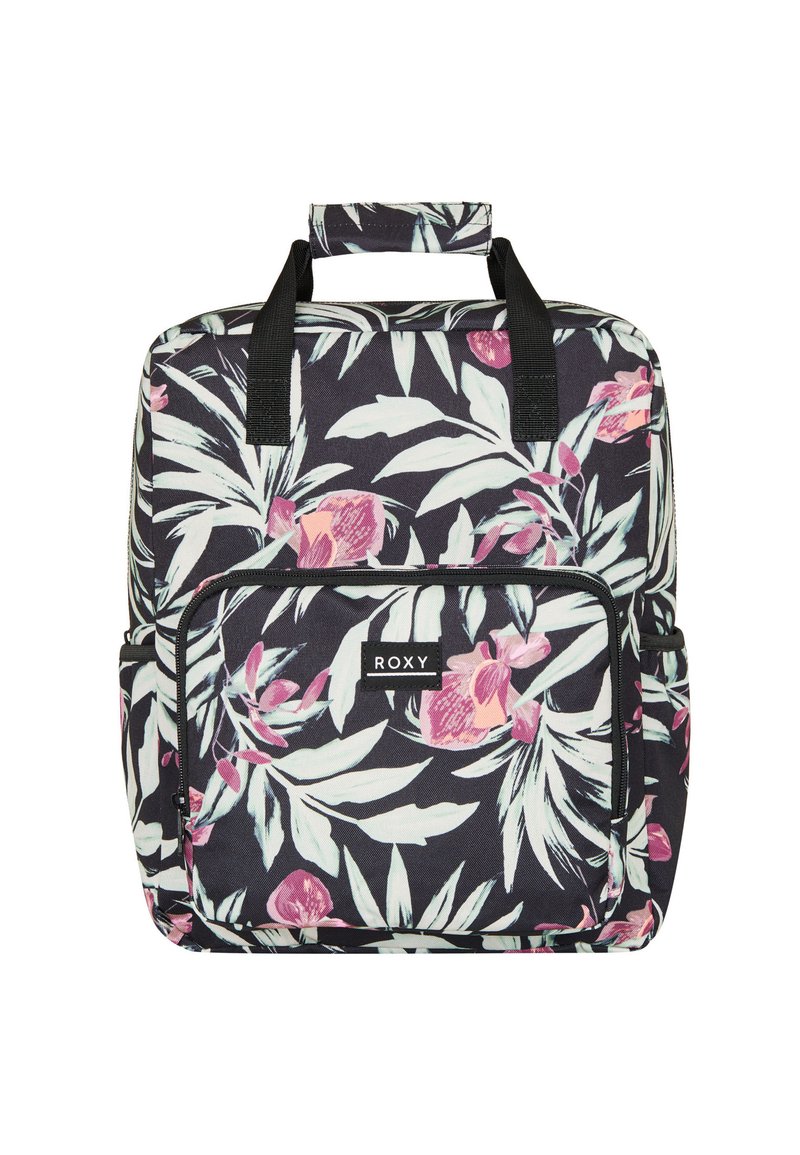 Rucksack mit Floral-Muster auf dunklem Hintergrund, der pinke und grüne Blumen zeigt, mit zwei oberen Griffen und einer vorderen Reißverschlusstasche.