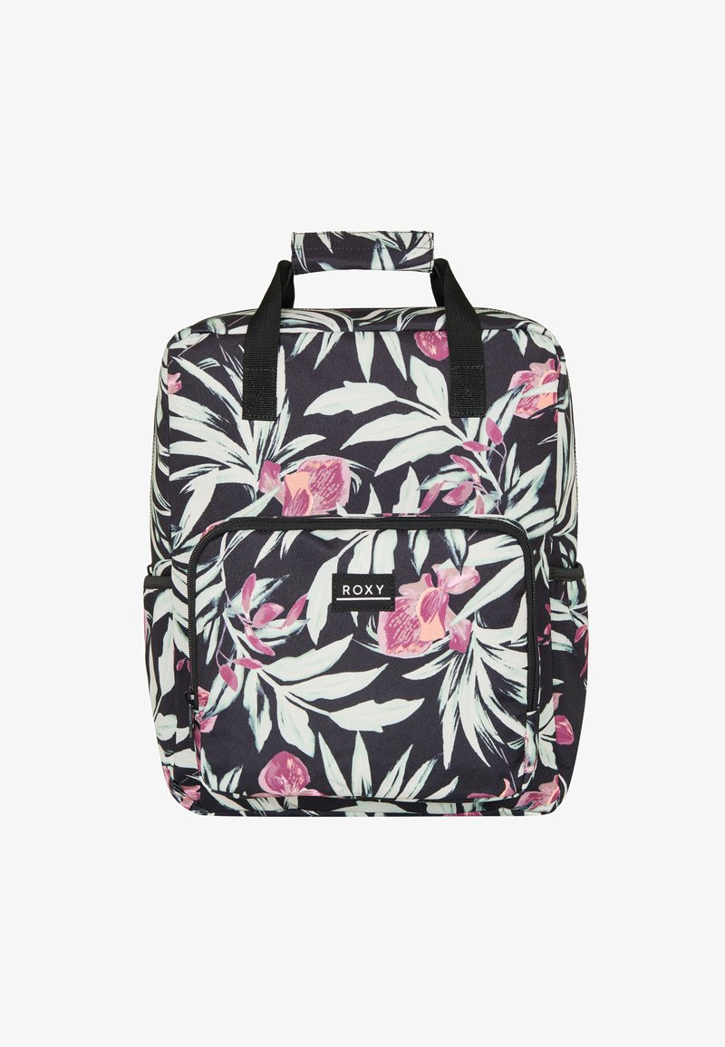 Rucksack mit Floral-Muster auf dunklem Hintergrund, der pinke und grüne Blumen zeigt, mit zwei oberen Griffen und einer vorderen Reißverschlusstasche.