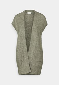 Cardigan lavorato a maglia verde oliva con apertura frontale, maniche corte e due tasche a toppa anteriori. Tessuto texture con una vestibilità ampia e rilassata.