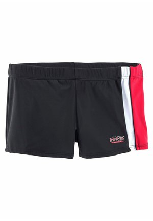 Schwarze Schwimmshorts mit enganliegendem Design, ausgestattet mit roten und weißen Seiteneinsätzen sowie einem elastischen Taillenbund. Das Material ist glatt und dehnbar.