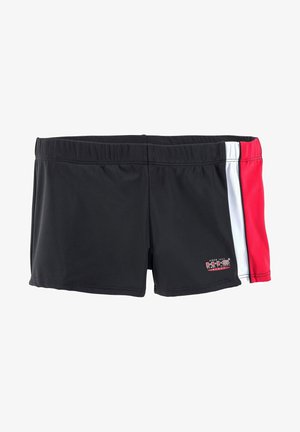 Black swim shorts with a fitted design, featuring red and white side panels and an elastic waistband. Material is smooth and stretchy.