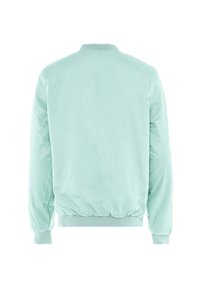 Giacca bomber verde menta con una texture liscia, polsini elastici e vita arricciata. Presenta un design posteriore semplice e lineare.