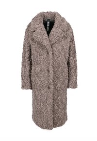 Fuzzy, lysebrunt overtøj med en blød tekstur, oversized krave og tre knapper. Lange ærmer og knælangt design.