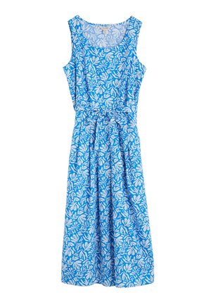 Blue dress with white floral pattern, sleeveless design, round neck, waist tie, and flowing skirt. Made of lightweight fabric.