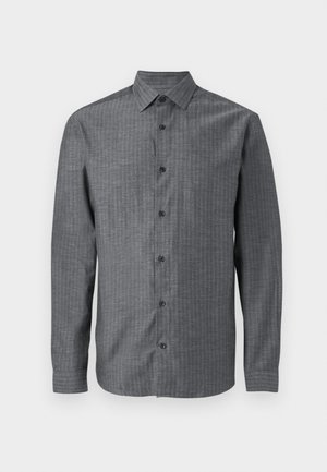 Hallhalline halli nööbitav särk, mis on valmistatud tekstureeritud kangast, sisaldab kraed, pikki varrukaid ja täispikkuses nööbistust tumedate nööbitega.