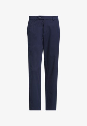 Merensiniset suoralahkeiset housut, joissa on nappi- ja vetoketjusuljin, vyölenkit sekä vinoon leikatut sivutaskut.