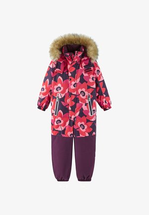 Children’s winter jumpsuit with pink and red floral pattern, fur-trimmed hood, front zippers, and elastic cuffs at ankles and wrists.