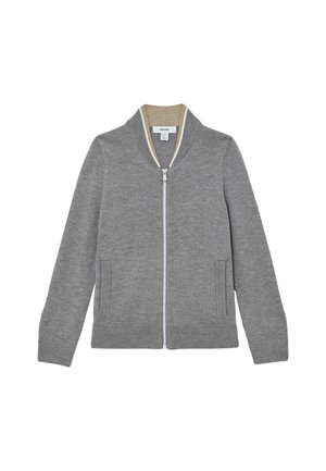 Cardigan en maille grise avec fermeture éclair à l'avant, poignets et ourlet côtelés, et deux poches latérales. Doté d'un col intérieur beige contrastant.