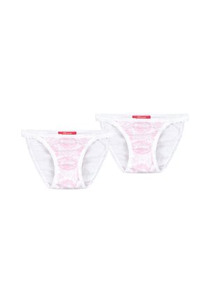 White cotton panties with pink floral pattern in the center, edged with white ruffles and a red logo tag on the waistband. Pack of two.