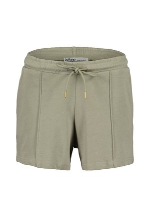 Lyhythihaiset khaki shortsit, joissa on joustava vyötärö, etuplehdet ja säädettävä nauha, jossa on kultaiset metallipidikkeet. Valmistettu pehmeästä kankaasta.