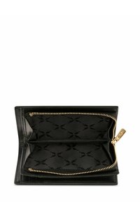 Czarny skórzany portfel z złotym zamkiem błyskawicznym, z dwoma przegródkami i miękkim czarnym wykończeniem w delikatny wzór.