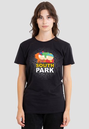 Black cotton t-shirt featuring colorful cartoon characters from South Park, with bold white "SOUTH PARK" text and light gray background text.