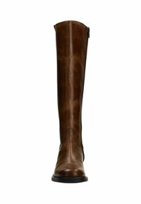 Tall brown leather boot with side zipper, rounded toe, and flat black sole, shown from front on white background.