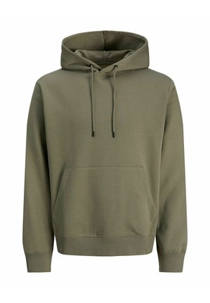 Olive green hoodie made of soft fabric, featuring a front pocket, adjustable drawstring hood, and ribbed cuffs and hem for a snug fit.