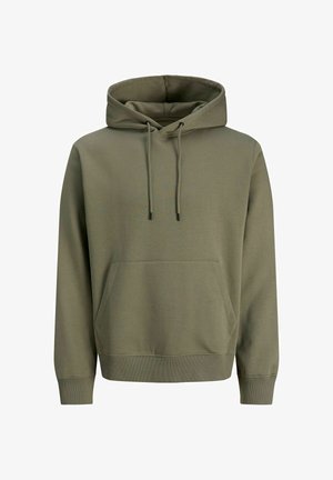 Olivengrønn hettegenser laget av mykt stoff, med frontlomme, justerbar hette med snor, og ribbestrikkede mansjetter og kant for en tettsittende passform.