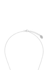 Collana d'argento con un design di catena delicata, chiusura a granchio e lunghezza regolabile con un piccolo cartellino ovale.