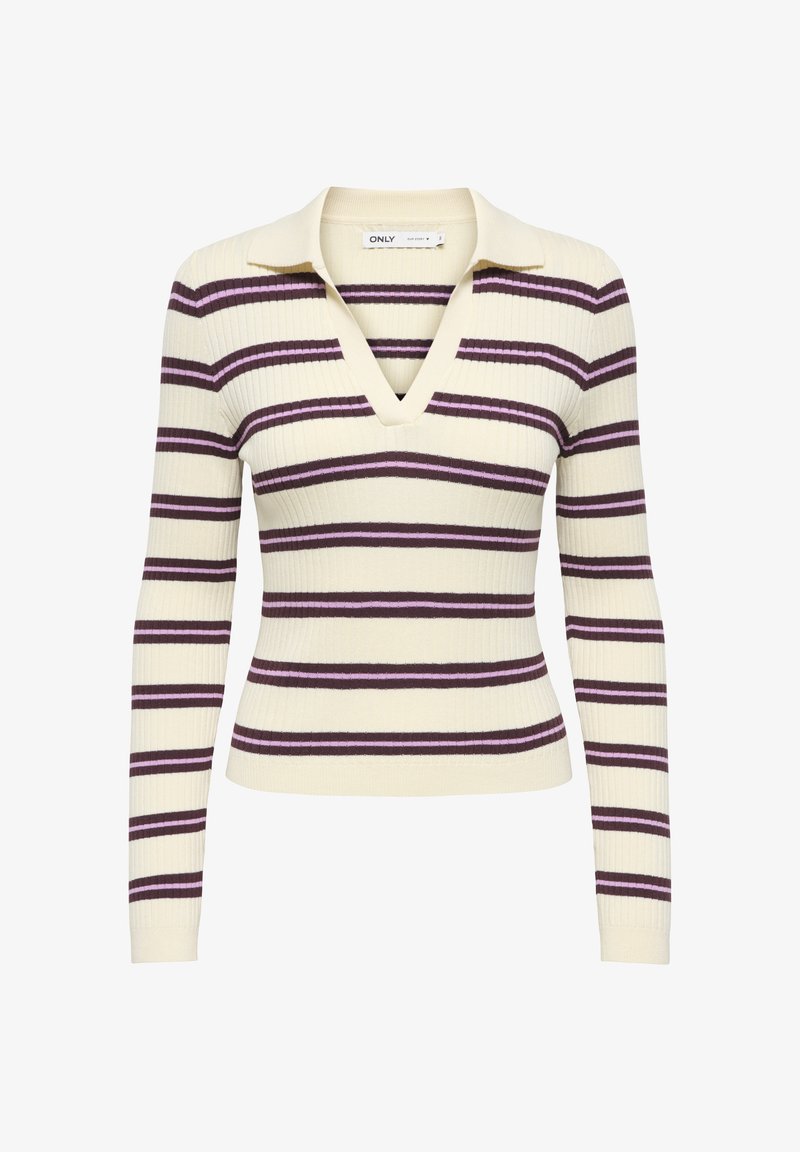 Pull crème à manches longues en maille côtelée avec des rayures horizontales violettes et rose clair et un col en V profond.