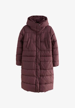 Polstret frakke i dyb burgunder med høj krave, skjulte trykknapper og to sidelommer; syede paneler forbedrer isoleringen.