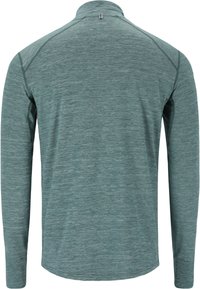 Langarmshirt van gemêleerd teal stof met een opstaande kraag, voorzien van raglanmouwen en een soepele textuur.